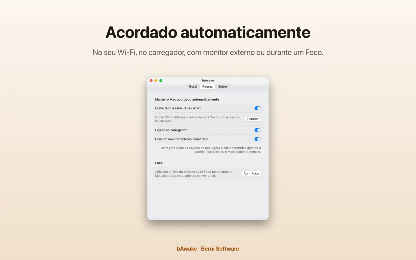 Ajustes de regras do bAwake: manter acordado em redes Wi-Fi escolhidas, no carregador, com monitor externo e durante um Foco